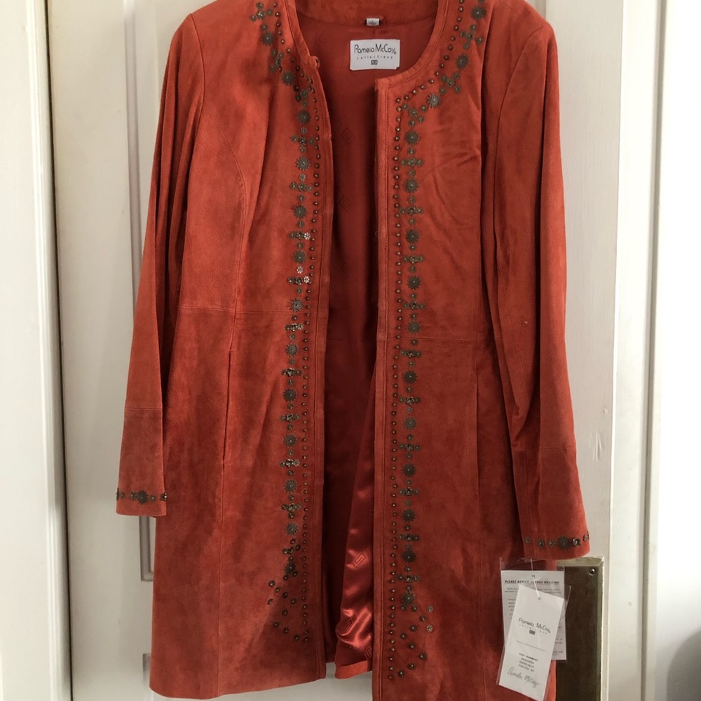 Pamela McCoy Orange Leather Jacket with Embellishments